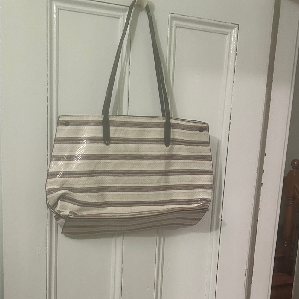 Etienne Aigner Cream and Brown Striped Tote